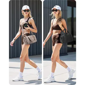 Details showing women's puffy quilted shoulder bag and mini gym duffel in daily outdoor scene.