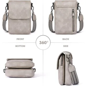 Grey PU leather crossbody phone bag, multi-angle view with wide woven strap for women.