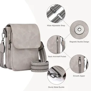Grey women PU leather crossbody shoulder bag with wide adjustable strap and multi pockets.
