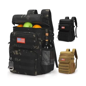 Detailed view of insulated tactical cooler backpack with multiple compartments.