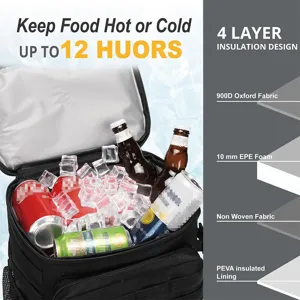 Tactical insulated cooler backpack with 4-layer design for keeping food and drinks cold.