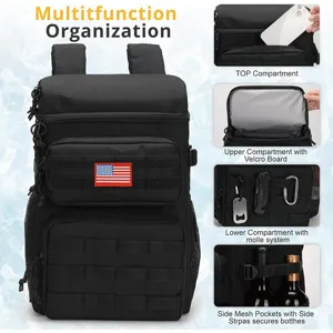 Tactical cooler backpack with molle system, insulated compartment and multiple multi-use storage pockets.