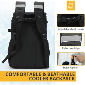 Detailed view of the black cooler backpack showing adjustable chest buckle and reflective strips.