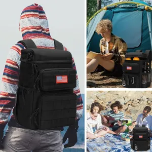 Tactical cooler backpack detail showing multiple pockets, MOLLE webbing, and US flag patch.