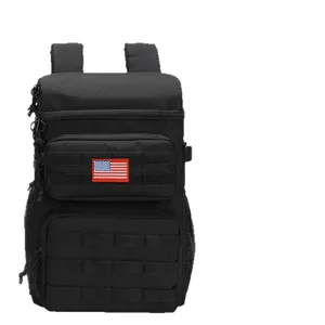 Black tactical cooler backpack, portable insulated thermal bag with MOLLE webbing.