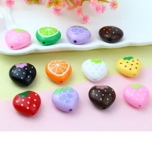 Cuentas Sueltas Estampadas de Fruta de Corazón Acrílico Forma de Sandía Fresa Agujero Directo DIY Cadena de Teléfono Accesorios de Cuentas