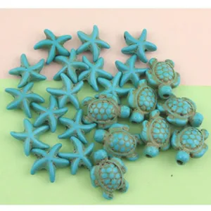 Turquoise starfish and sea turtle beads, marine style loose beads for DIY jewelry making.