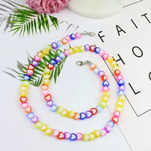 Colorful acrylic heart bead mask chain and glasses chain with cute colorful heart charms.