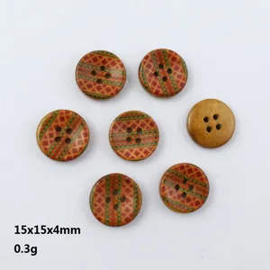 Botones de madera redondos con patrón impreso vintage y cuatro agujeros, tamaño 15x15x4mm.