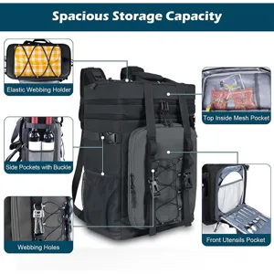 Large capacity insulated picnic backpack with multiple storage pockets and utensil holder for outdoor travel.