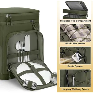 Multifunctional insulated cooler backpack with tableware pockets and picnic mat holder.