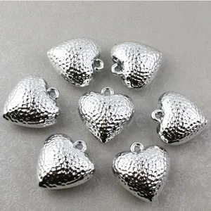 Large 3D Acrylic Puffy Heart Pendant Silver Electroplated Hammered Love Heart DIY Charm Component For Jewelry Making