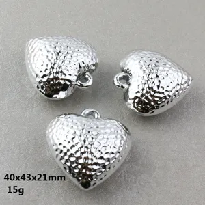 Silver hammered heart acrylic pendant large 3D DIY charm jewelry accessory 40x43mm