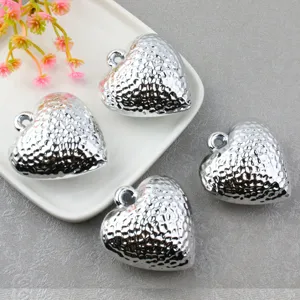 Silver hammered heart acrylic pendants, large 3D puffy love charms with loop for DIY jewelry making.