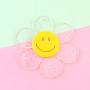 Clear glitter acrylic flower pendant with yellow smiley face for DIY jewelry parts