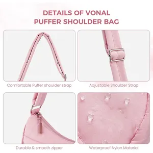 Detail view of pink puffer nylon crossbody bag strap, adjustable buckle and waterproof fabric.