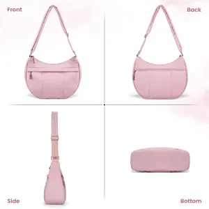 Multi-angle views of pink nylon hobo crossbody bag showing adjustable strap and front zip pocket.