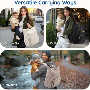 Multifunctional diaper backpack with large capacity and multiple pockets for travel.