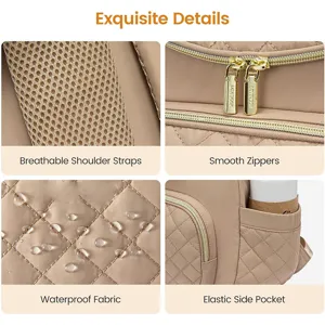 Sac à langer matelassé détail avec tissu imperméable, bretelles respirantes et fermetures.