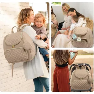 Sac à dos à langer matelassé beige pour maman, grand sac de voyage pour bébé avec multi-poches.