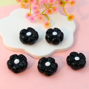 Black acrylic flower loose beads with white center, straight hole DIY jewelry accessories for phone.
