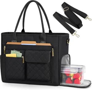 Large capacity teacher tote bag laptop briefcase with lunch compartment and multiple pockets.