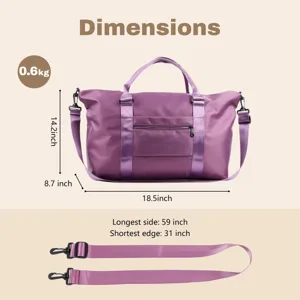 Vista dettagliata delle dimensioni della borsa da viaggio impermeabile e leggera viola.