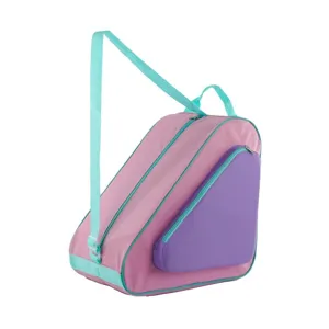 Detailed view of the portable triangle roller skate bag, ideal for ice skates storage.