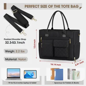 Nylon tote bag detail showing adjustable strap, 15.6 inch laptop compartment and multi-pockets.