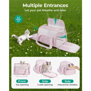 Breathable pink pet carrier bag with multiple entrances and interactive windows for outdoor travel.