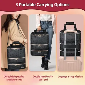 Black geometric storage cosmetic bag with versatile 3 portable carrying options for travel use.