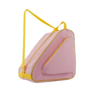 Portable triangular roller skate bag, pink and yellow ice skate backpack for storage.