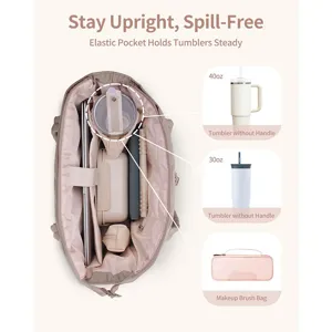 Large capacity multi-compartment tote bag with elastic tumbler pocket for daily travel.