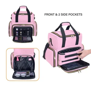 Detailed view of the large capacity pink makeup organizer bag with multiple pockets.