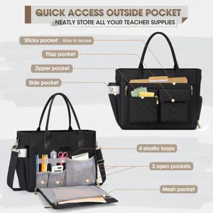 Black large capacity teacher tote bag featuring multiple functional storage compartments.