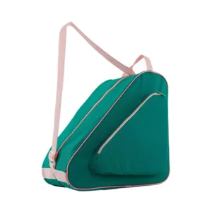 Close-up detail of the green triangular roller skate bag featuring pink straps and side zipper pocket.