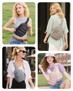 Casual puffer sling bag detail shot, daily lifestyle crossbody chest bag for women fashion.