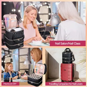 Multi-layer black lattice nail polish organizer bag, large capacity cosmetic storage case for travel.