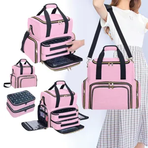 Professional pink nail polish organizer bag large capacity cosmetic makeup case with shoulder strap.