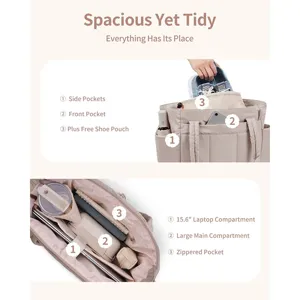 Detail view of beige large capacity tote bag interior with multiple functional compartments.