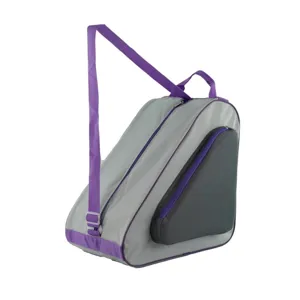 Triangular roller skate bag with adjustable shoulder strap, grey and purple storage pouch.