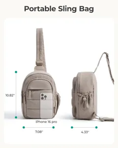 Portable quilted nylon sling bag detail showing dimensions and compact storage capacity.