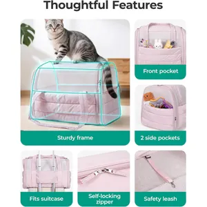 Portable breathable pink pet cat carrier bag with sturdy frame and multi-pockets for travel