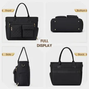 Multi-pocket black tote bag detail view, featuring front, side, back, and bottom angles.