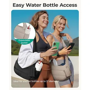 Close-up detail of casual dumpling shoulder bag featuring expandable side water bottle pocket.