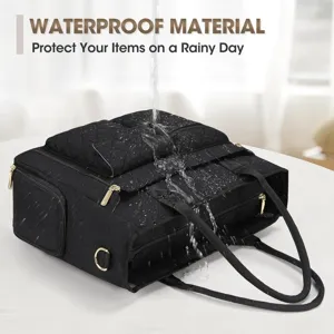 Waterproof black quilted tote bag detail showing large capacity commuter briefcase design.