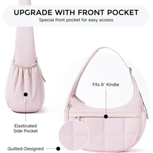 Detail shot showing the front pocket and quilted design of the pink puffer shoulder bag.