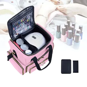 Professional pink nail storage bag with large capacity, portable cosmetic case for manicure tools.