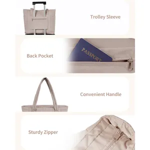 Detailed view of beige tote bag showing trolley sleeve, back pocket, handle and sturdy zipper.