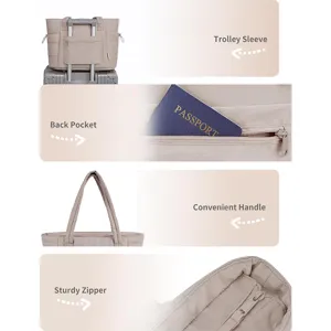 Large capacity travel tote bag detail showing trolley sleeve, back pocket and sturdy zipper.